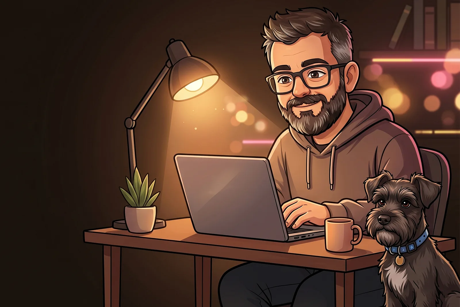 Dario Bimbi, web developer, illustrated at his desk with his dog.