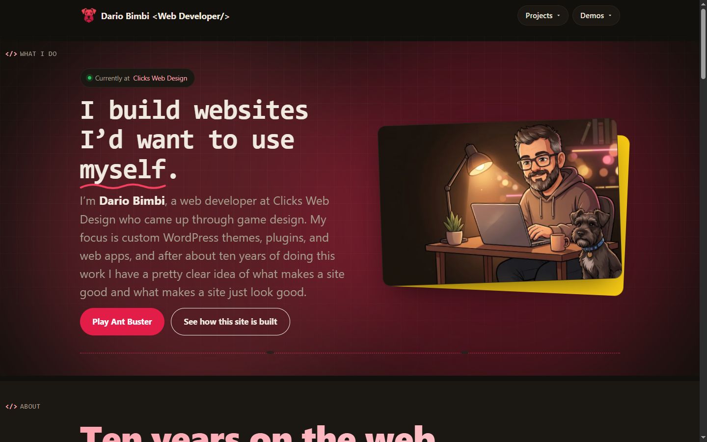 The dariobimbi.com homepage hero, an illustrated portrait of Dario at his desk with his dog, beside the headline I build websites I'd want to use myself