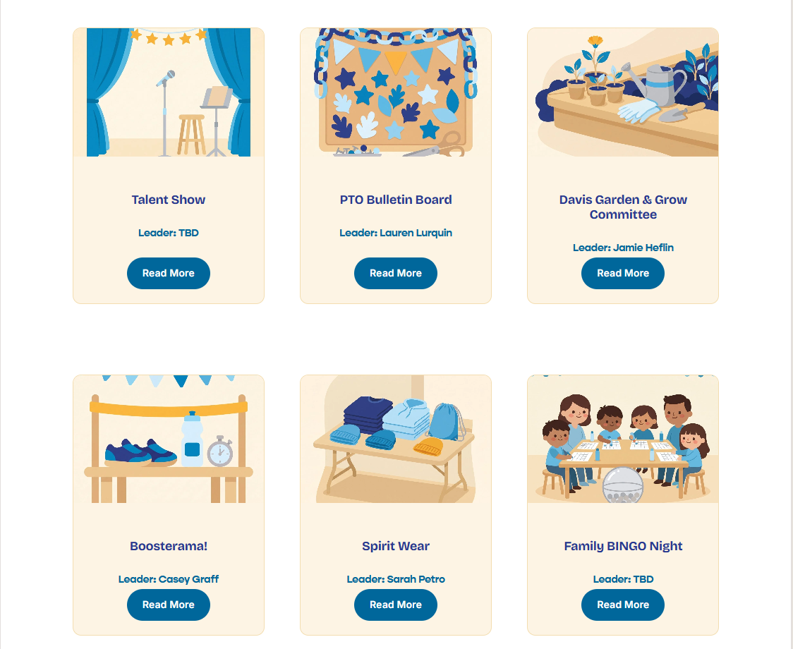 Grid of committee cards on the Davis PTO site, each with a custom flat illustration in the school's blue and gold palette