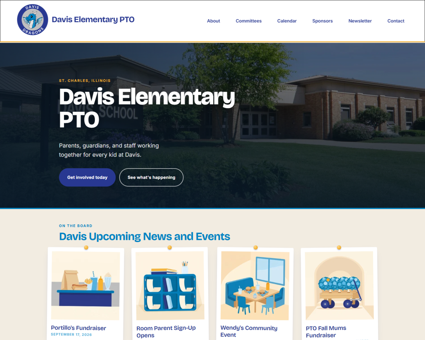 The Davis Elementary PTO homepage showing the school photo hero and the upcoming events board below it