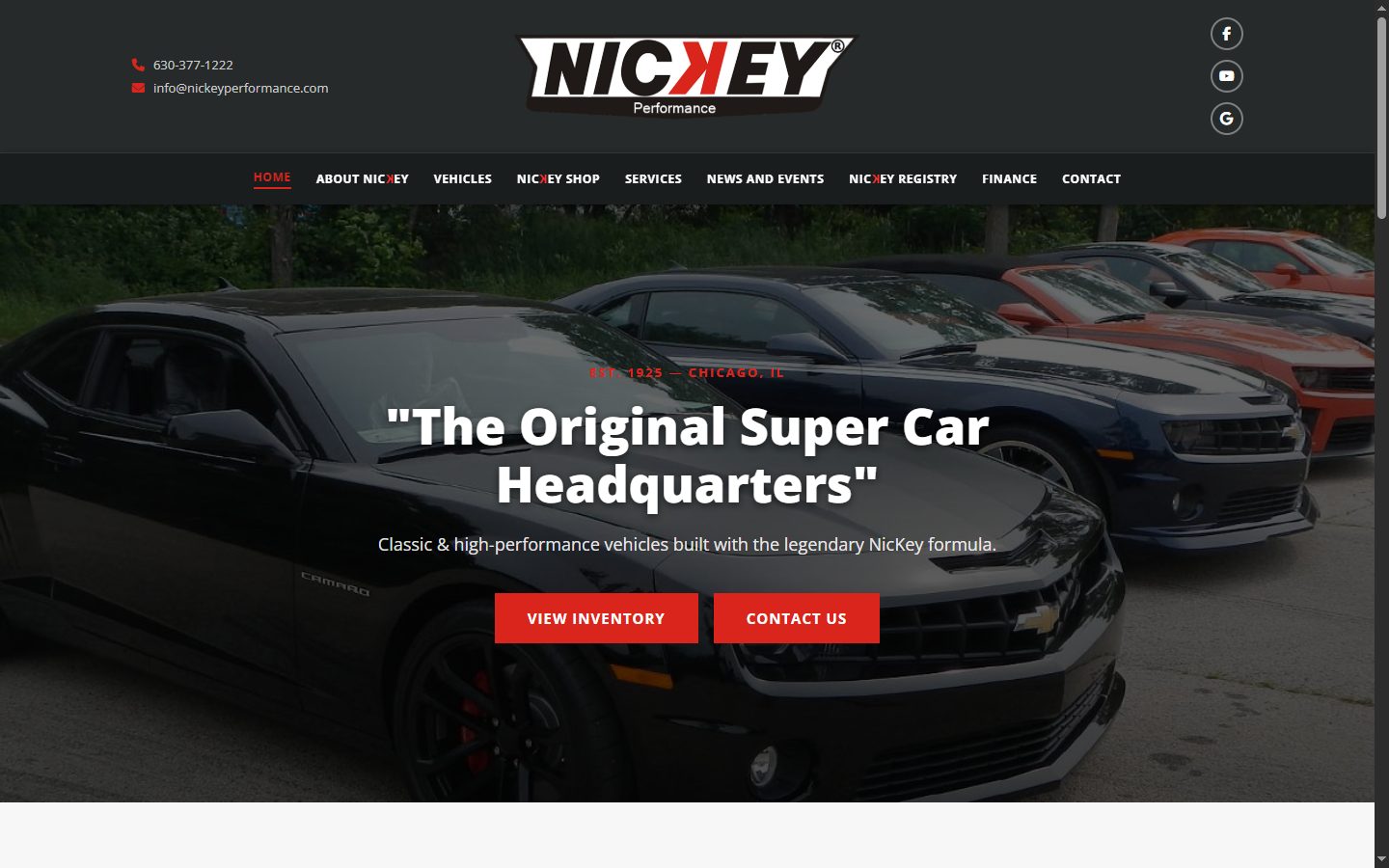 Homepage of nickeyperformance.com showing the hero with a row of muscle cars and the Original Super Car Headquarters tagline